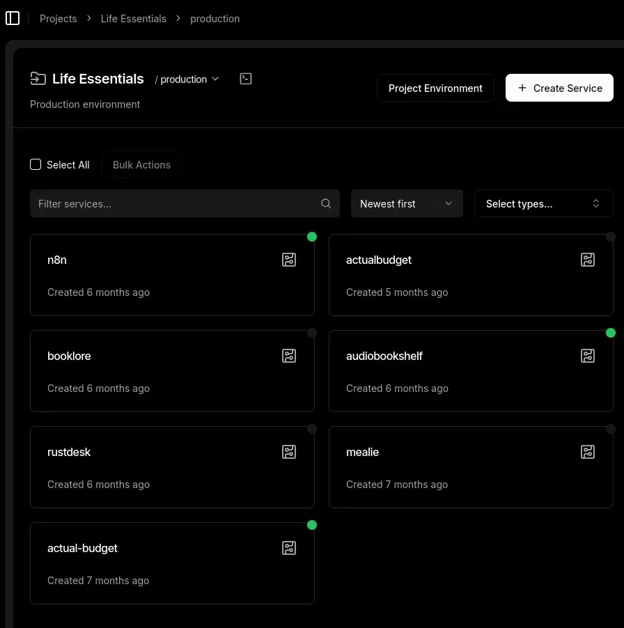 A screenshot of my Dokploy fleet showing various services like Audiobookshelf and Actual Budget